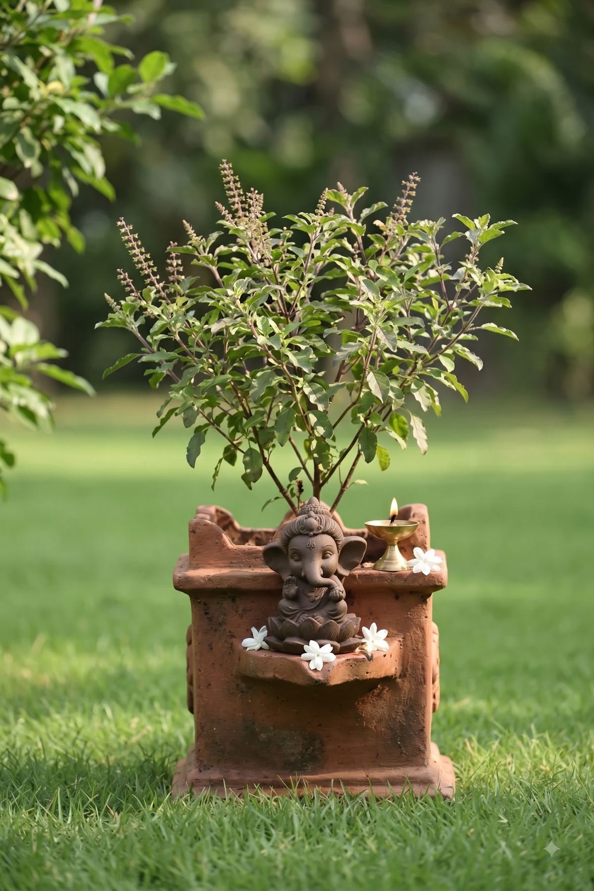 A potted plant with green foliage displayed in a terracotta-colored decorative planter featuring a seated Ganesha figure and small white flowers, set on a grassy lawn with a blurred garden background.