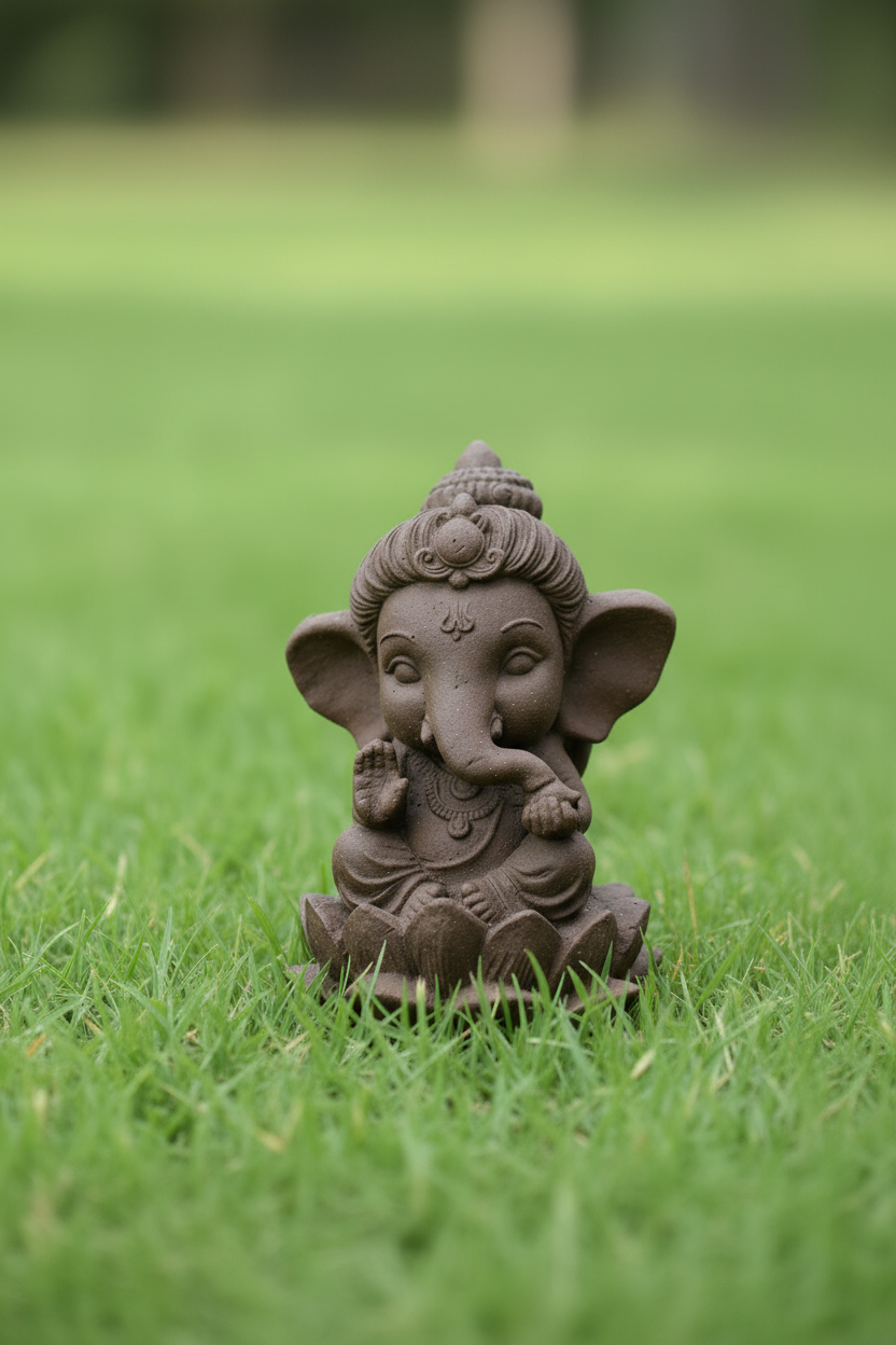 A small dark brown Ganesha statue placed on a green grass lawn with a soft, blurred background.