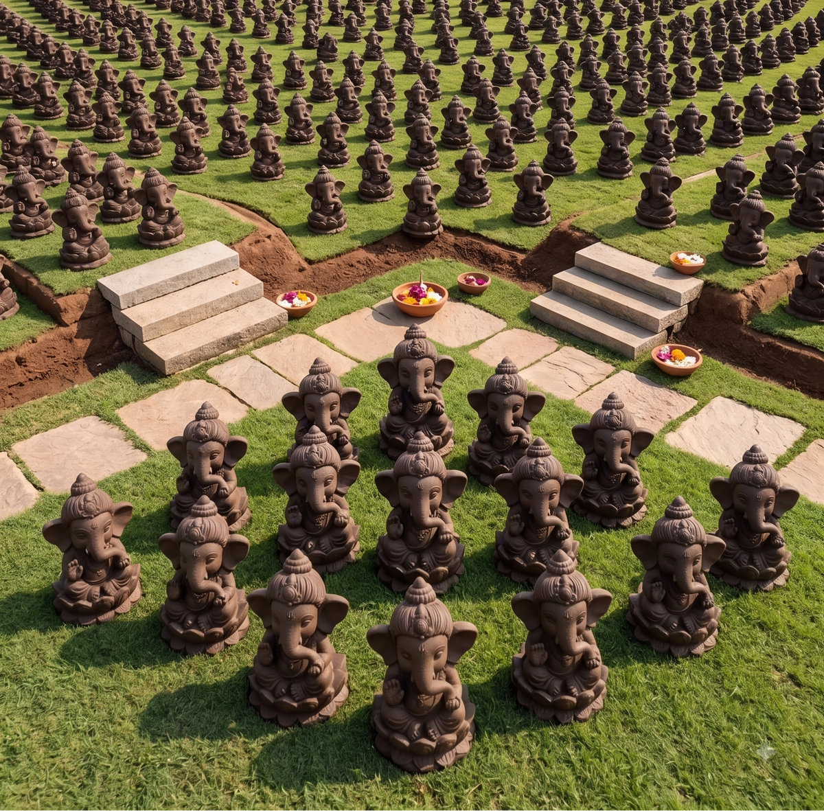 Thousands of dark brown Ganesha statues arranged in a large circular mandala on a green lawn, with small offerings placed on some statues. Several people in traditional and casual clothing are visible standing at the edges of the arrangement under a clear sky.