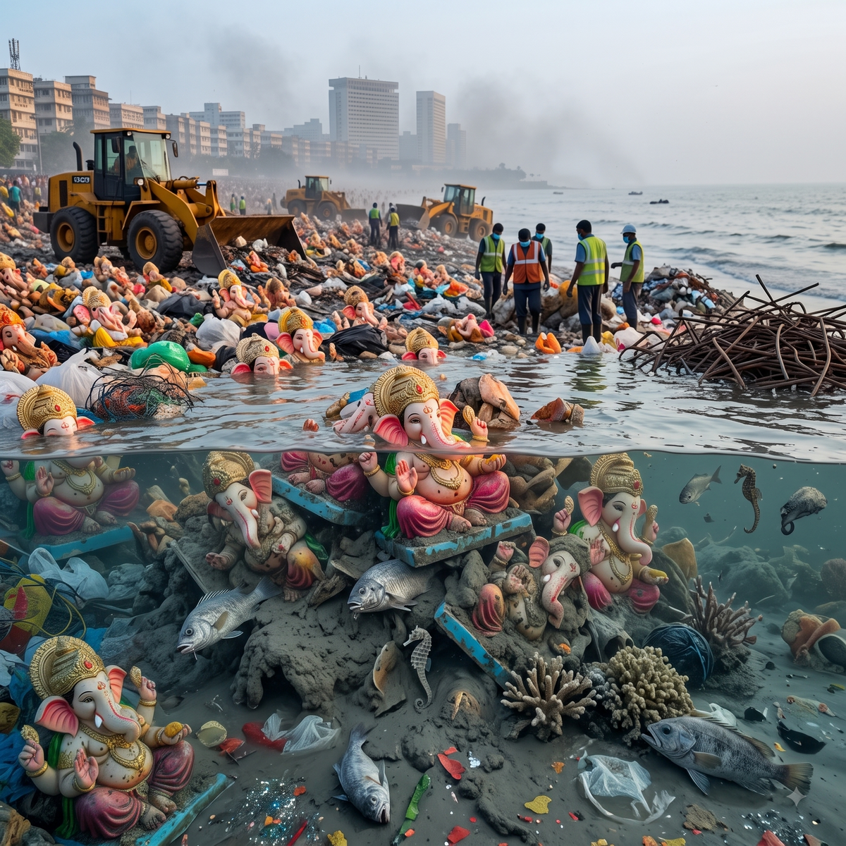 A dramatic split-level photograph showing a massive shoreline covered with discarded Ganesha statues and other trash, with construction workers and yellow construction vehicles on the beach above the waterline, and a clear underwater section below showing the statues sinking into the sand and water with fish and debris around them.